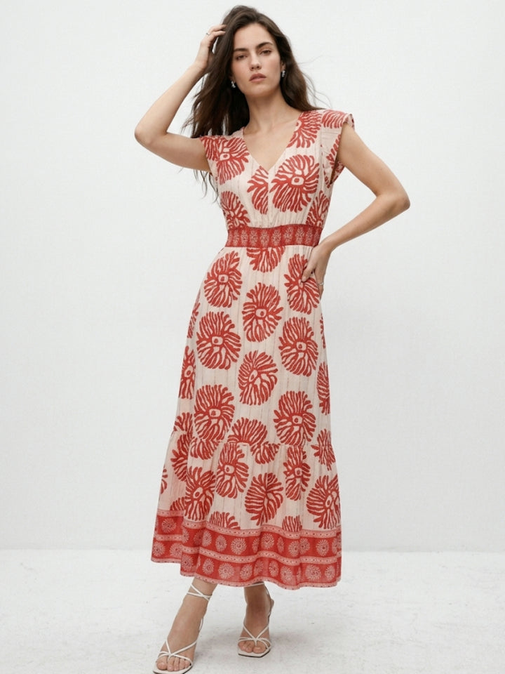 Red Flare Sleeve Printed Dress