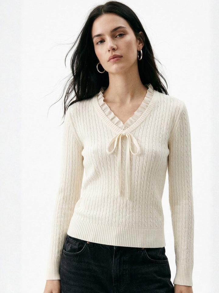 white Full Sleeve Lace Details Front Bow Top