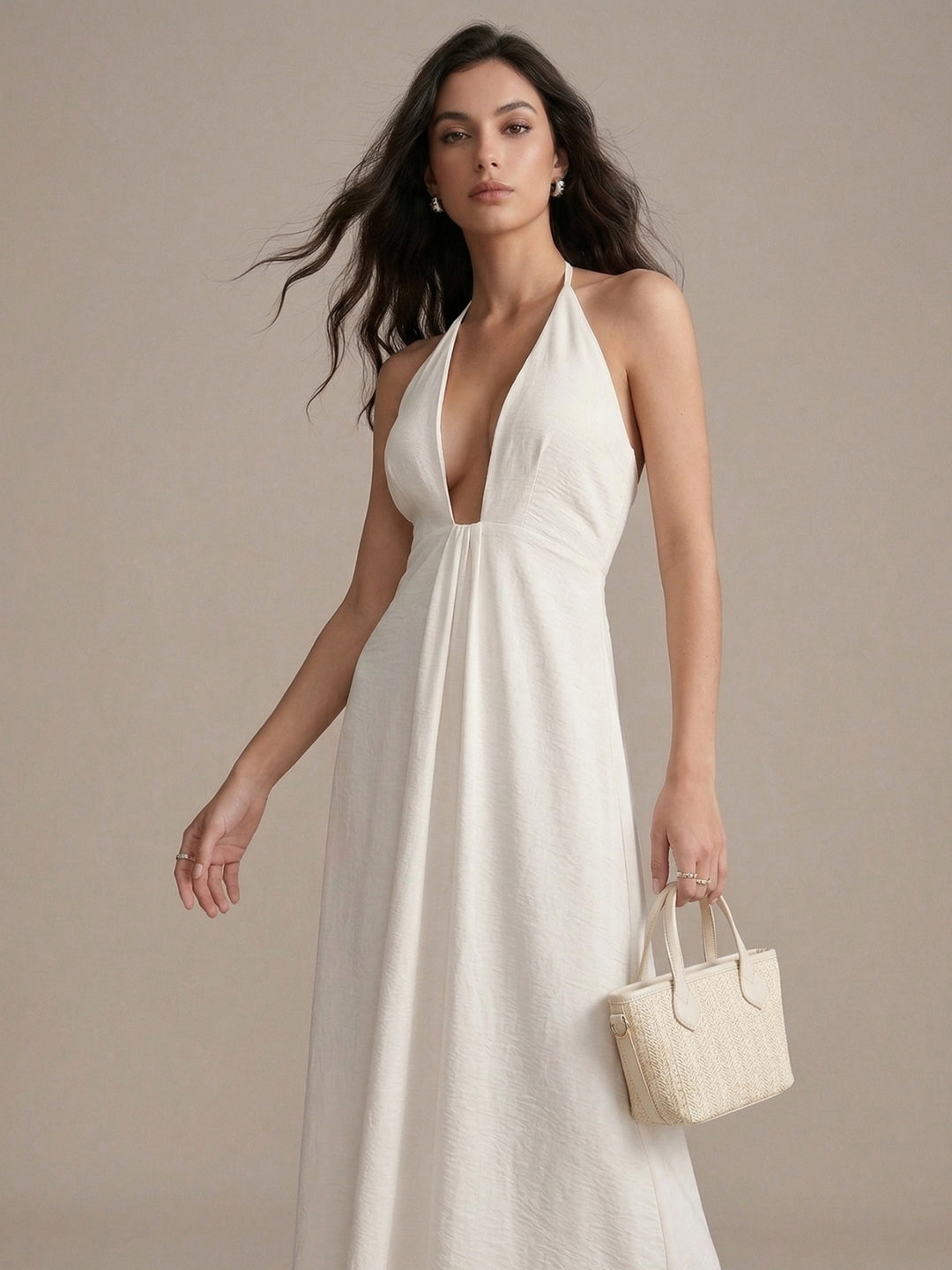 White Halter Neck Solid Dress