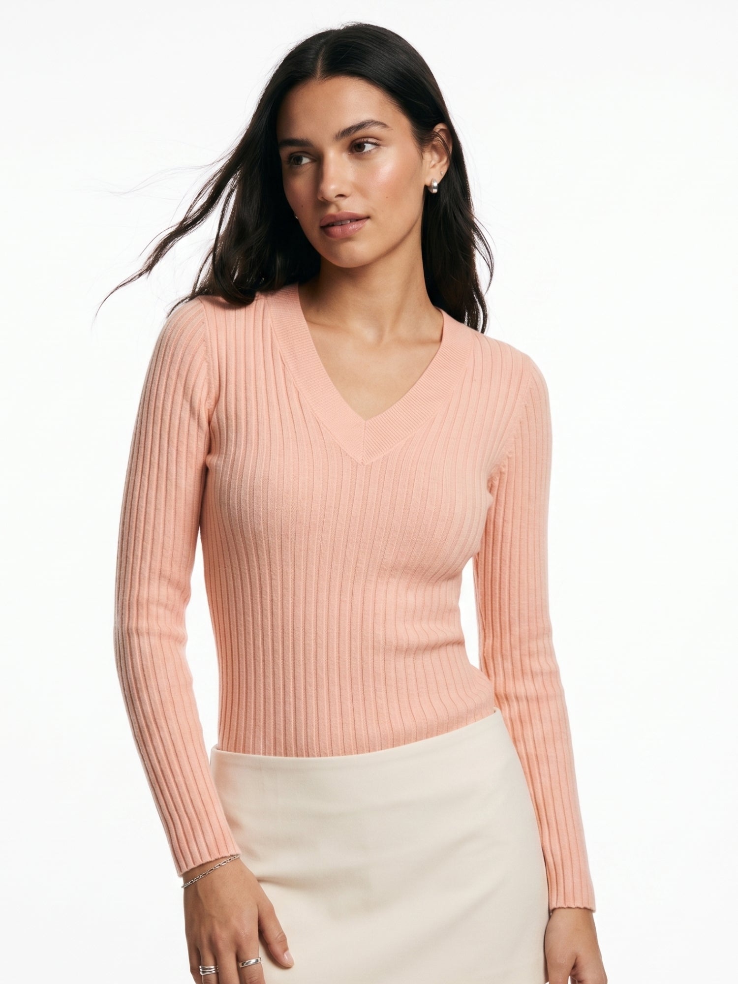 Pink Full Sleeve V Neck Fitted Top