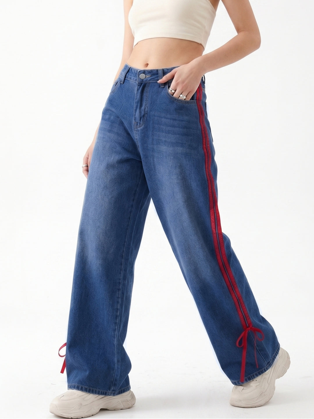 Navy Blue Contrast Detail Wide Leg Jeans