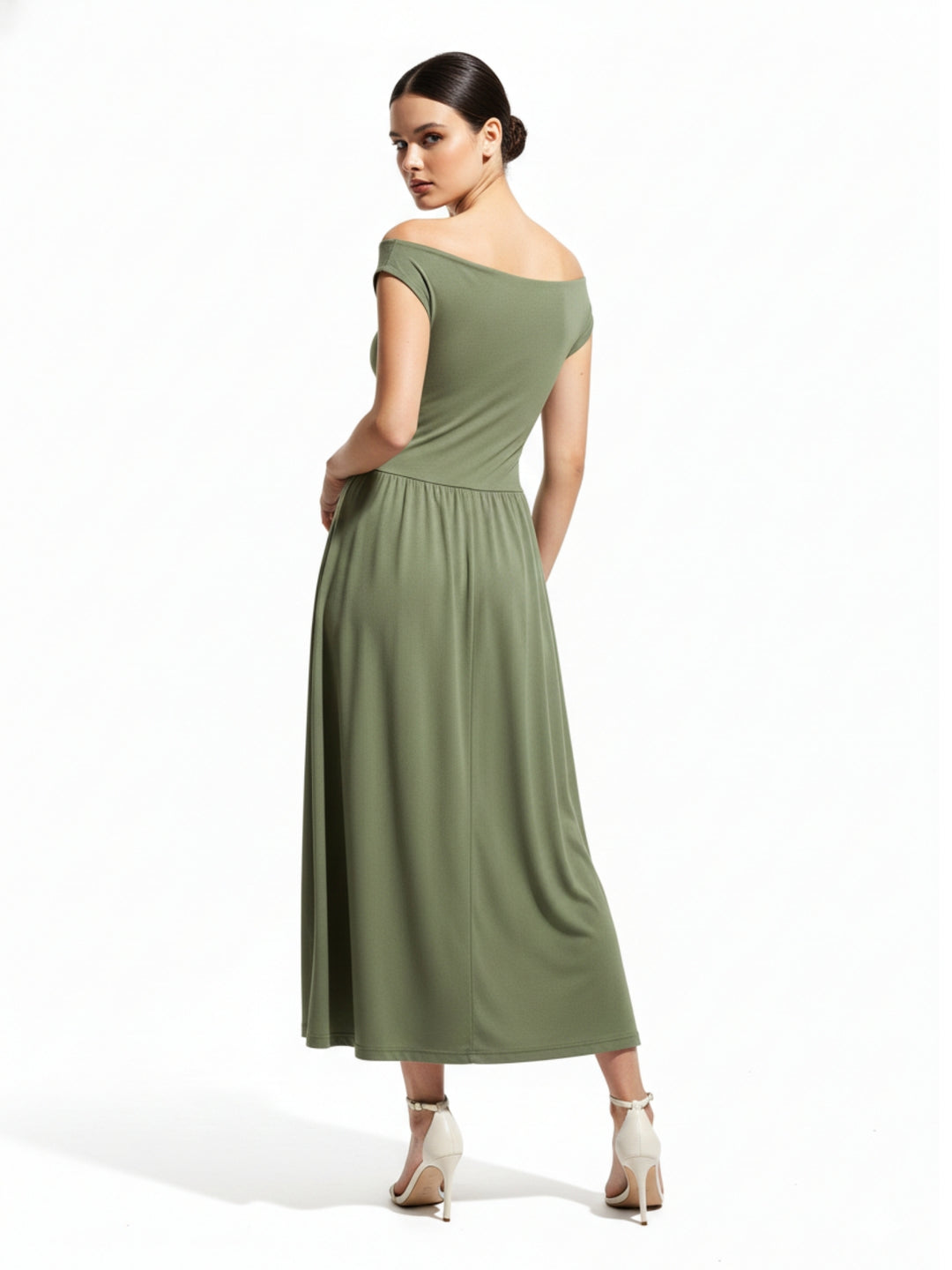 Olive Asymmetrical Neckline Flared Dress