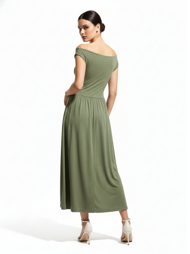 Olive Asymmetrical Neckline Flared Dress