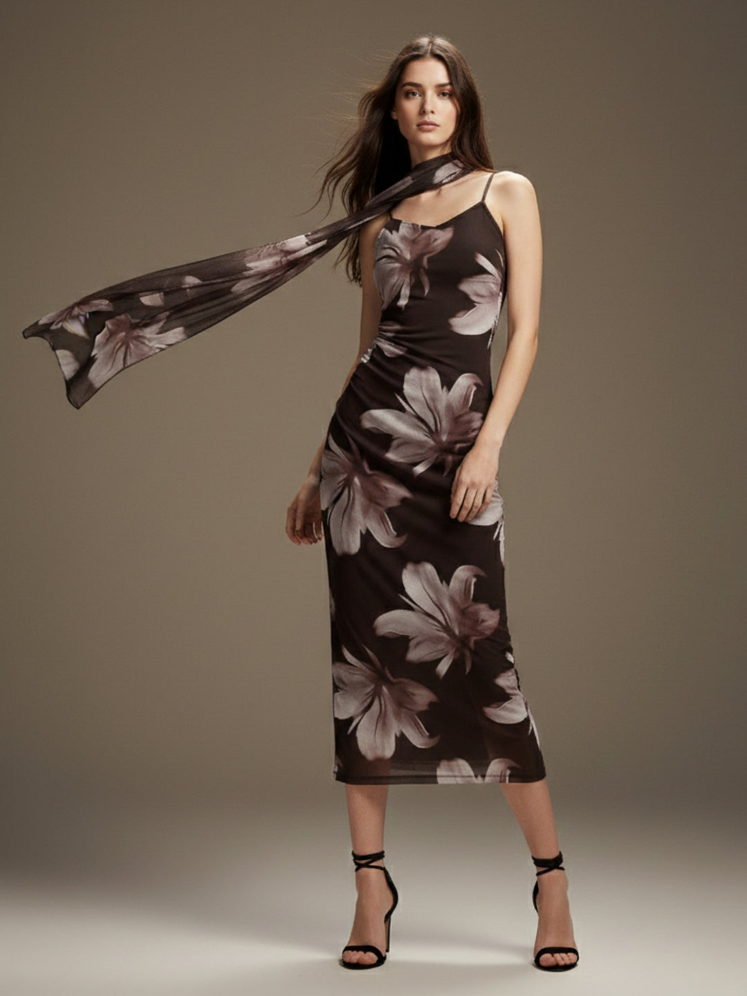 Brown Strappy Printed Mesh Dress With Scarf Detail