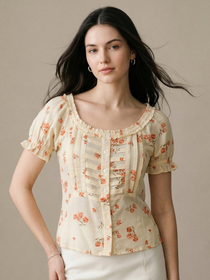 Butter Yellow Printed Square Neck Pleated Puff Sleeves Blouse