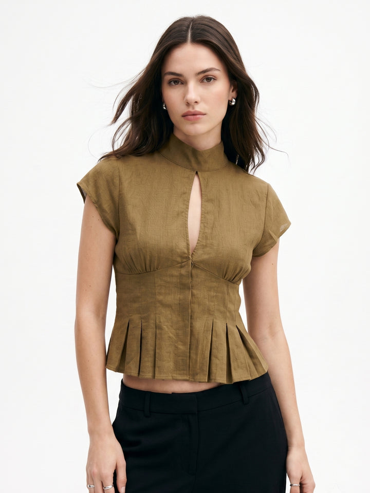 Tan Waist Fitted Neck Bow Tie-Up Top
