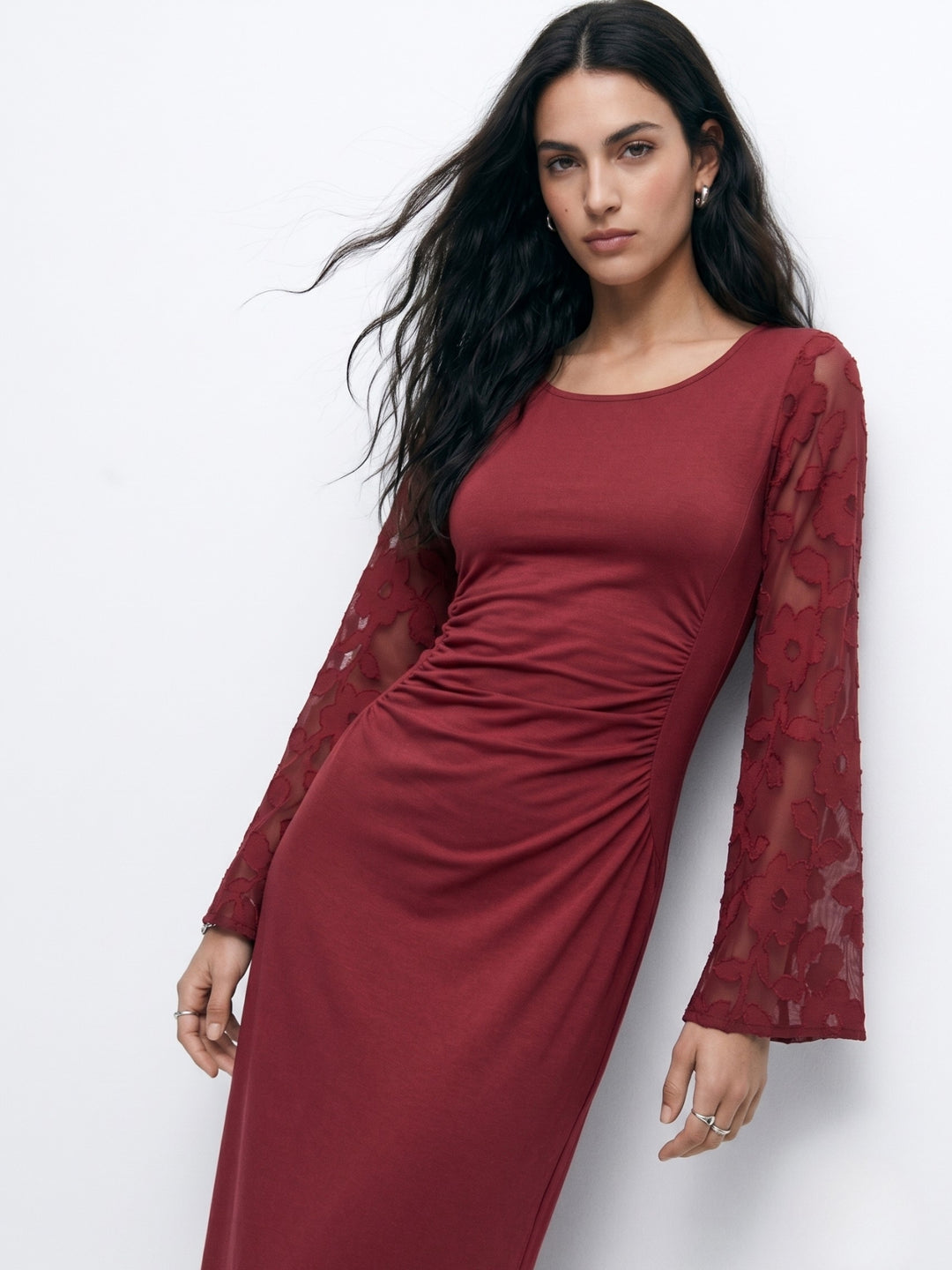 Maroon Bell Sleeve Scoop Neck Lace Detail Dress