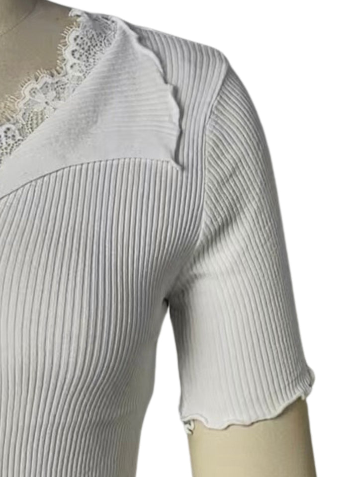 White Collared V Notch Top With Lace Inserts