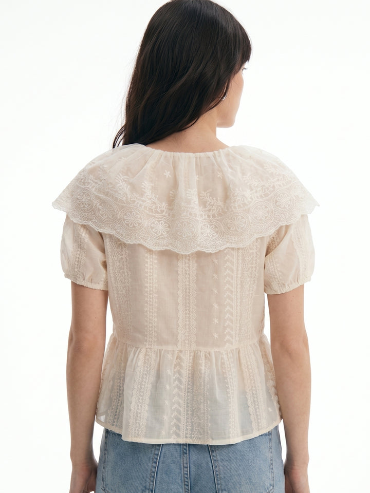 Off White Scallop Edge Lace Detail Top
