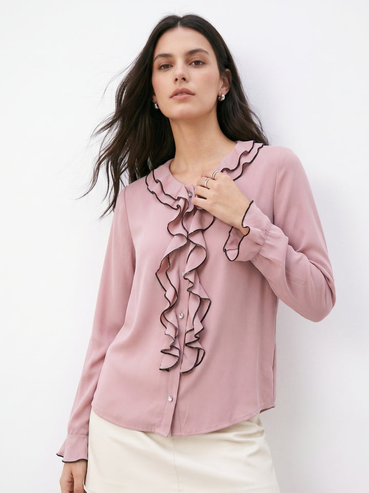 Pink Bell Sleeve Ruffle Collar Placket Shirt