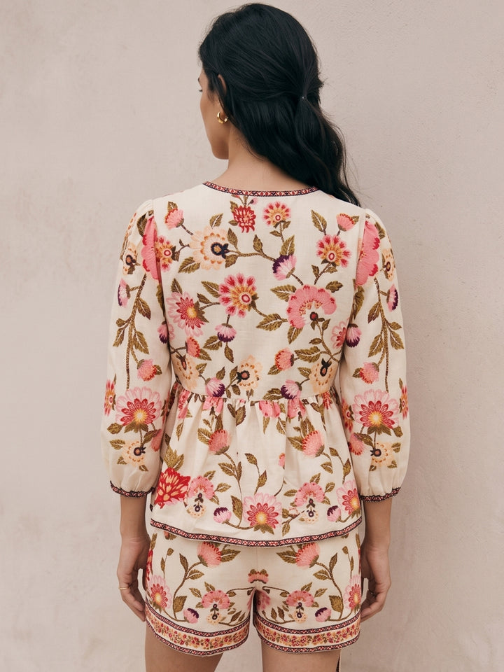 Multi Printed Bishop Sleeve Front Tie-Up Top And Short Set
