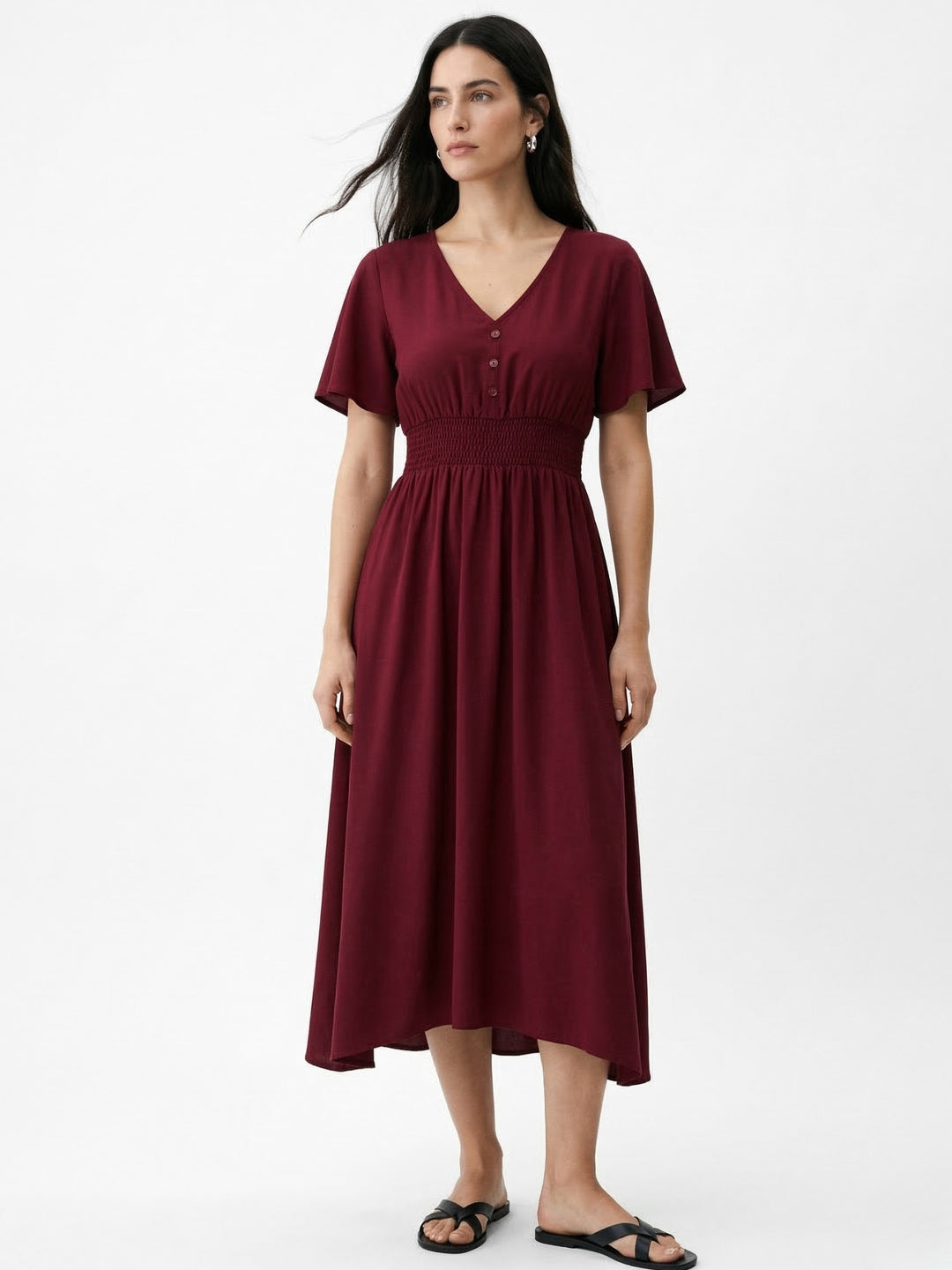 Maroon Ruffle  Sleeve Tiered Dress