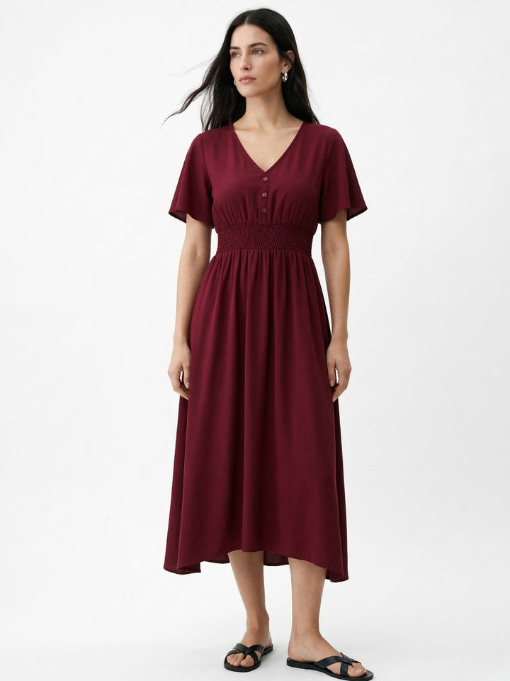Maroon Ruffle  Sleeve Tiered Dress
