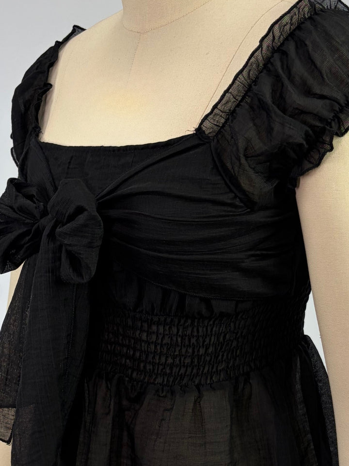 Black Square Neck Puff Sleeve Top With Centre Bow Detail