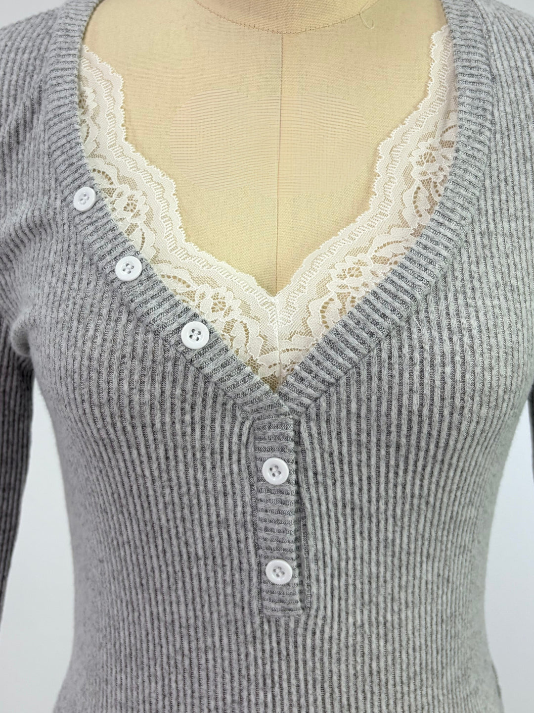 Grey Wide Plunge Neck Top With Lace Insters