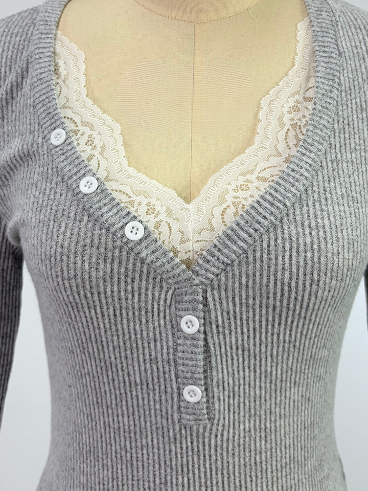 Grey Wide Plunge Neck Top With Lace Insters