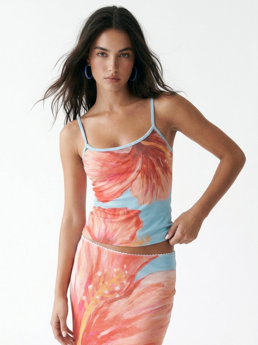 Multi Spaghetti Strap Floral Printed Top And Skirt Set
