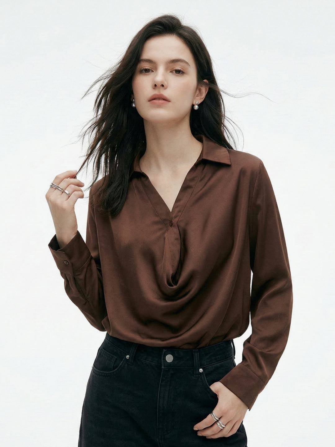 Brown Half Button Down Cowl Neck Top