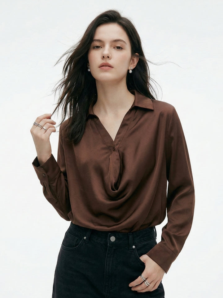 Brown Half Button Down Cowl Neck Top