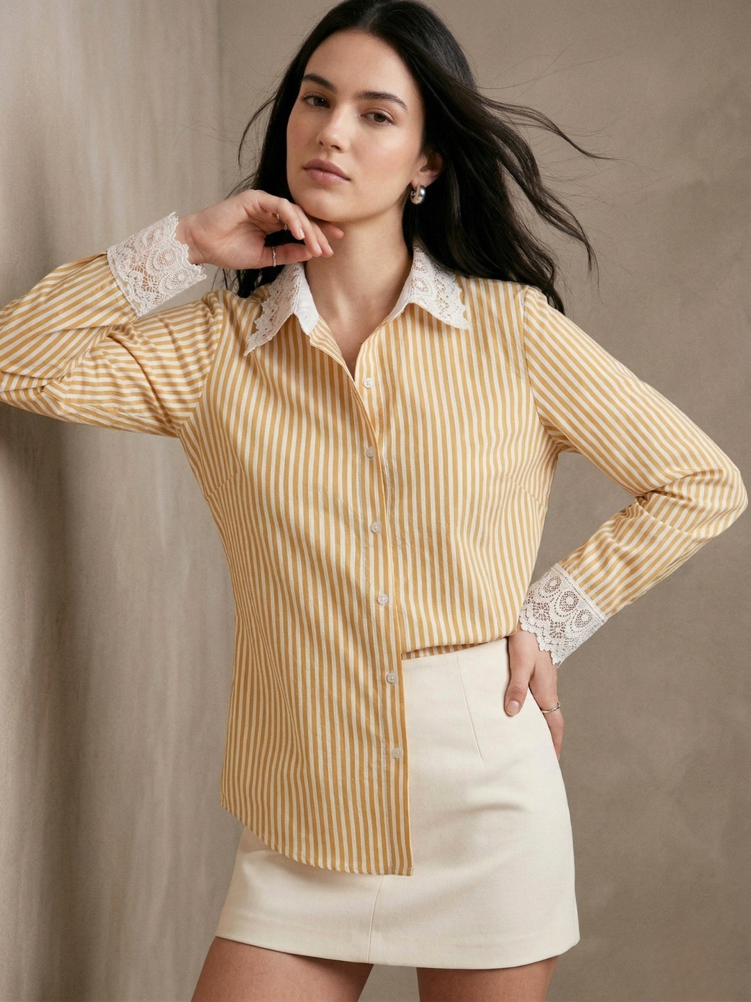 Mustard Striped Lace Trim Shirt
