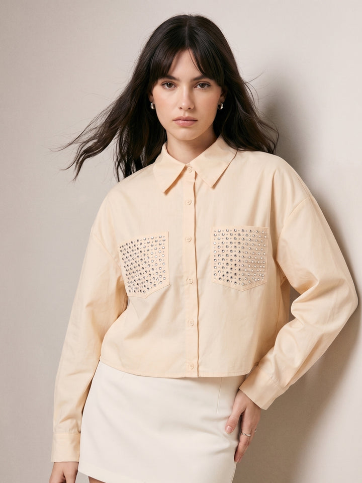 Cream Button Down Collared Shirt With Crochet Typed Pockets