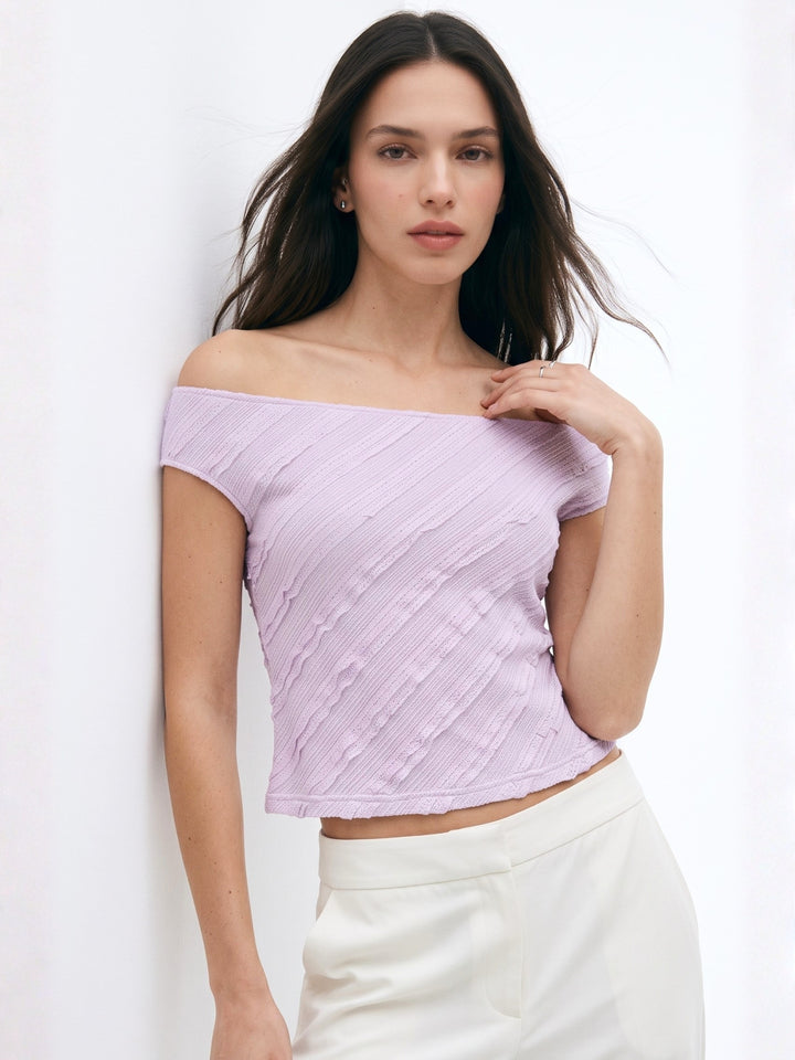 Lavender Off Shoulder Frill Textured Top