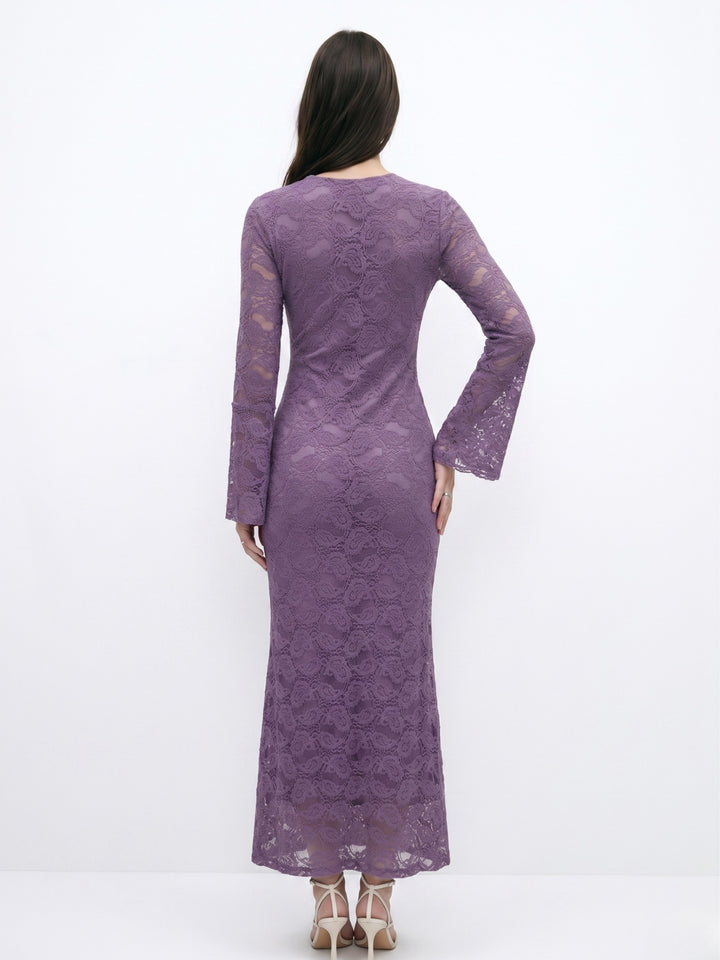 Purple Bell Sleeve Front Ruffle Lace Dress