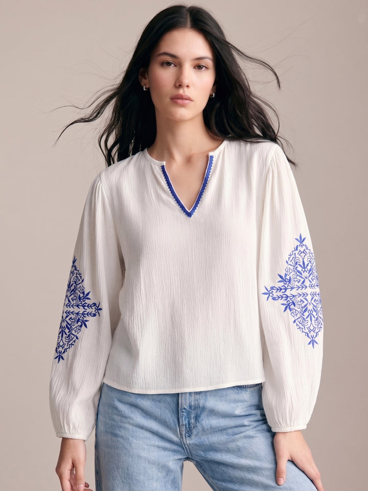 White Puff Sleeve Embroidered Blouse