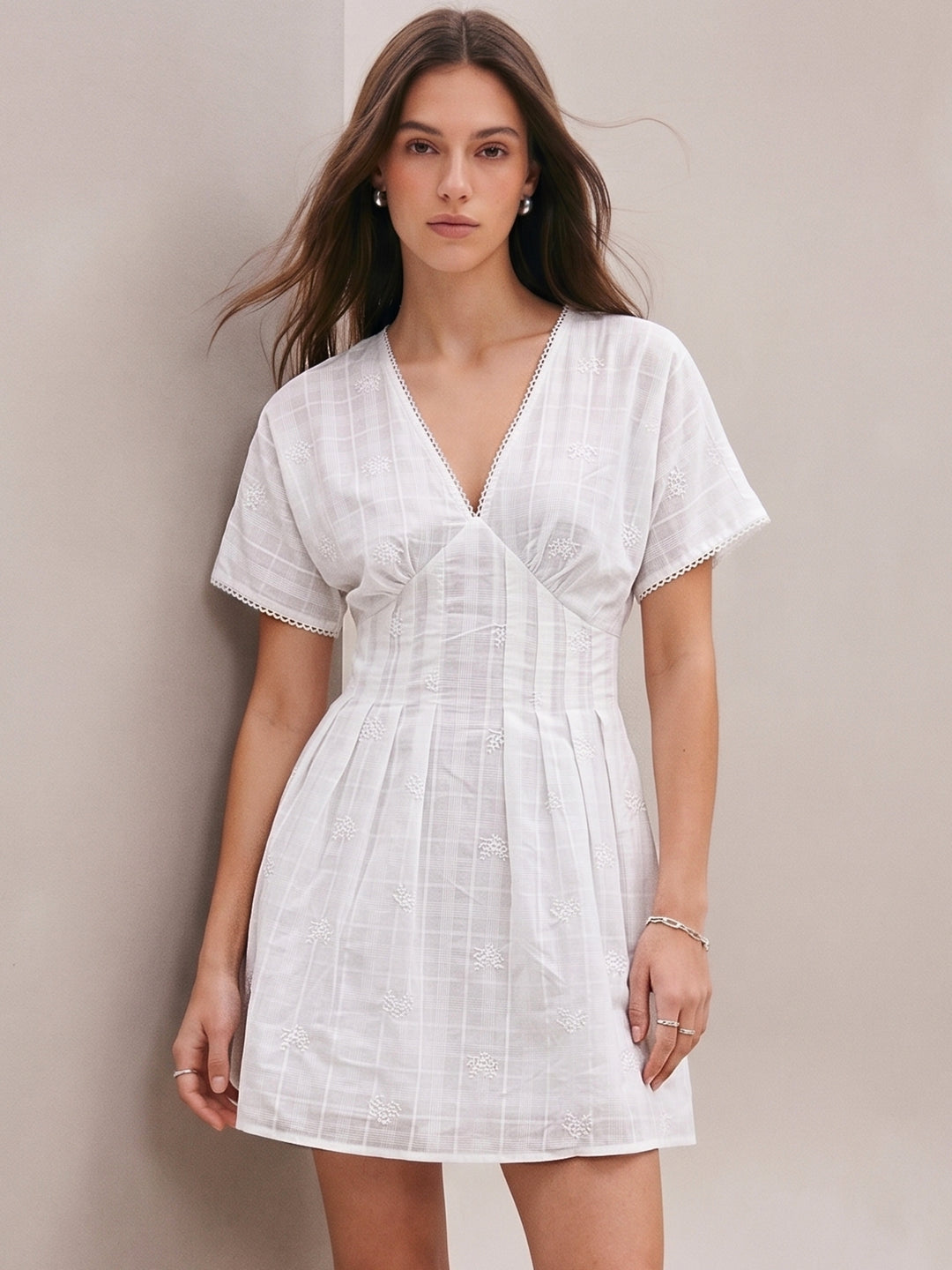 White Fit And Flare Mini All Over Embrodiery Mini Dress