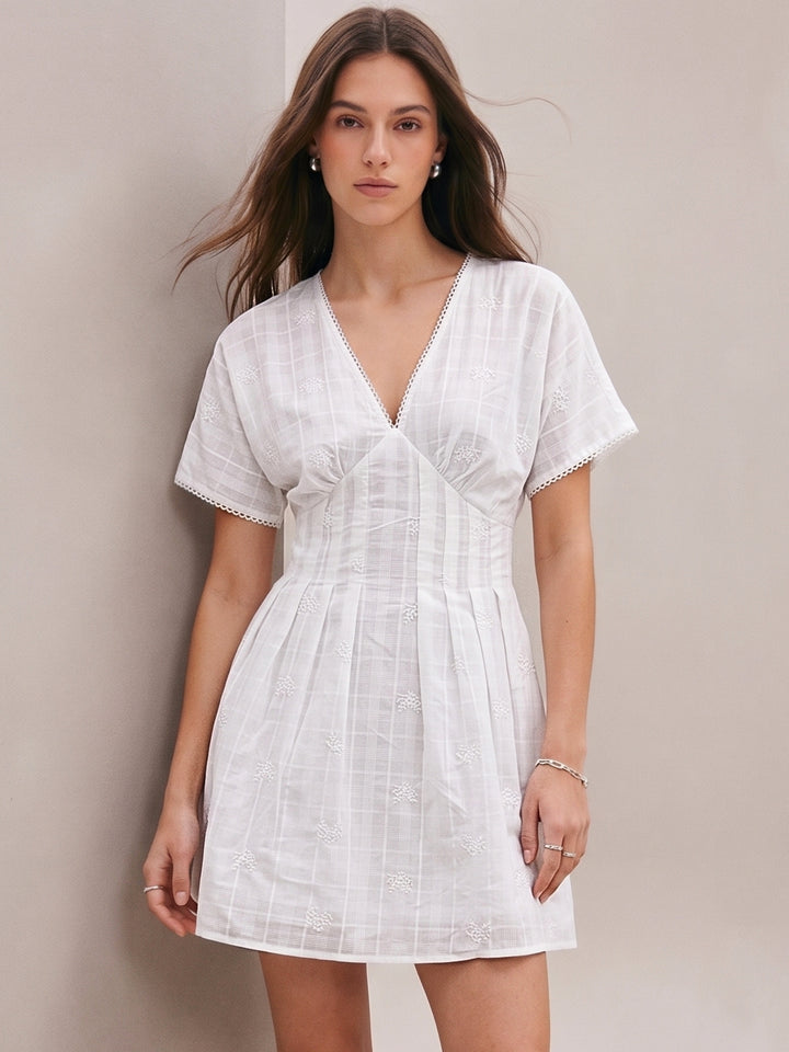 White Fit And Flare Mini All Over Embrodiery Mini Dress