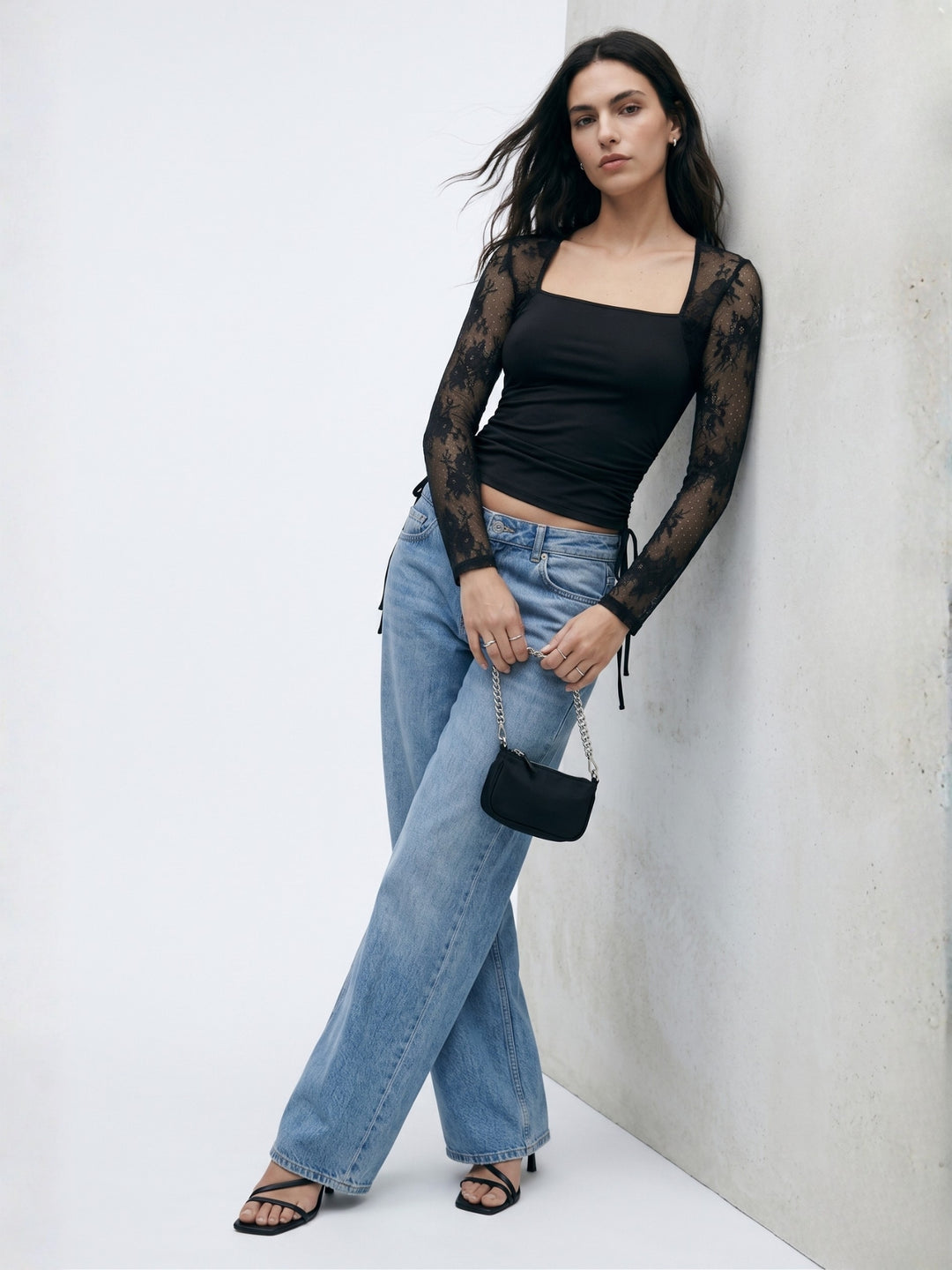 Black Mesh Sleeve Square Neck Top