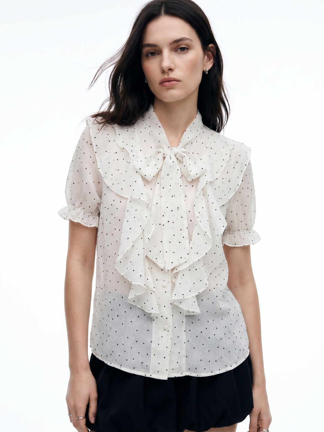 Off White Bow Tie-Up Polka Printed Top