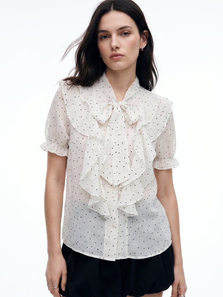 Off White Bow Tie-Up Polka Printed Top
