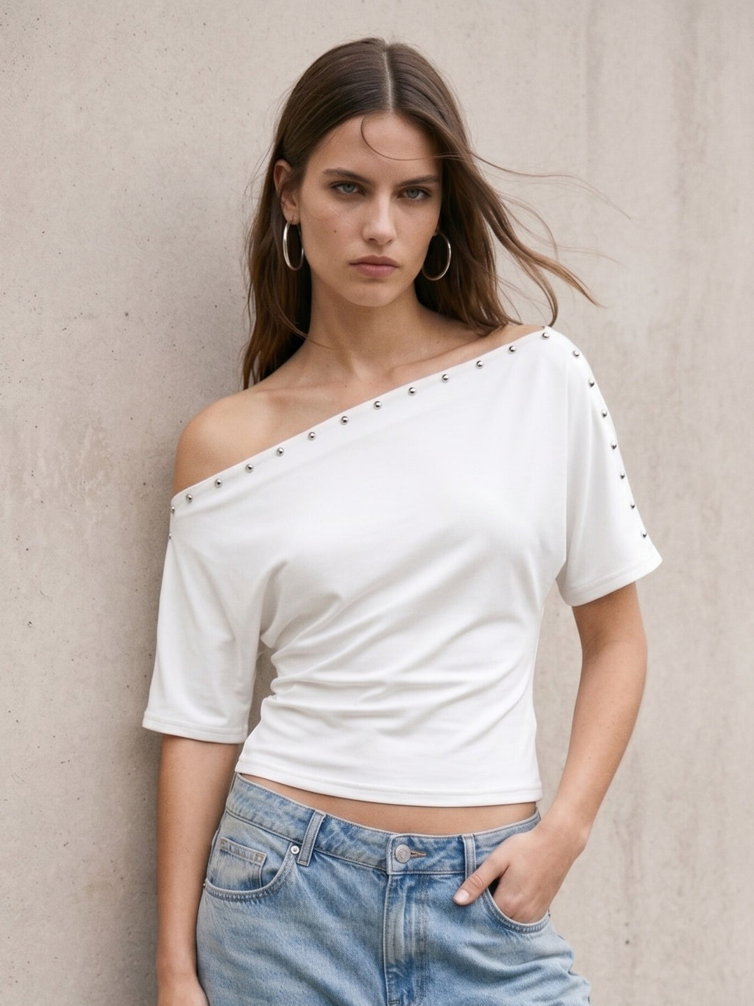 White One Shoulder Studded Waist Fitted Top