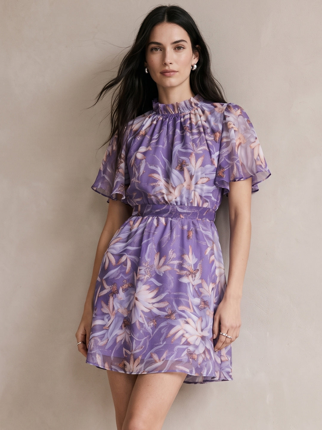 Lavender High Neck Printed Dress With Belt Tie Up Detail