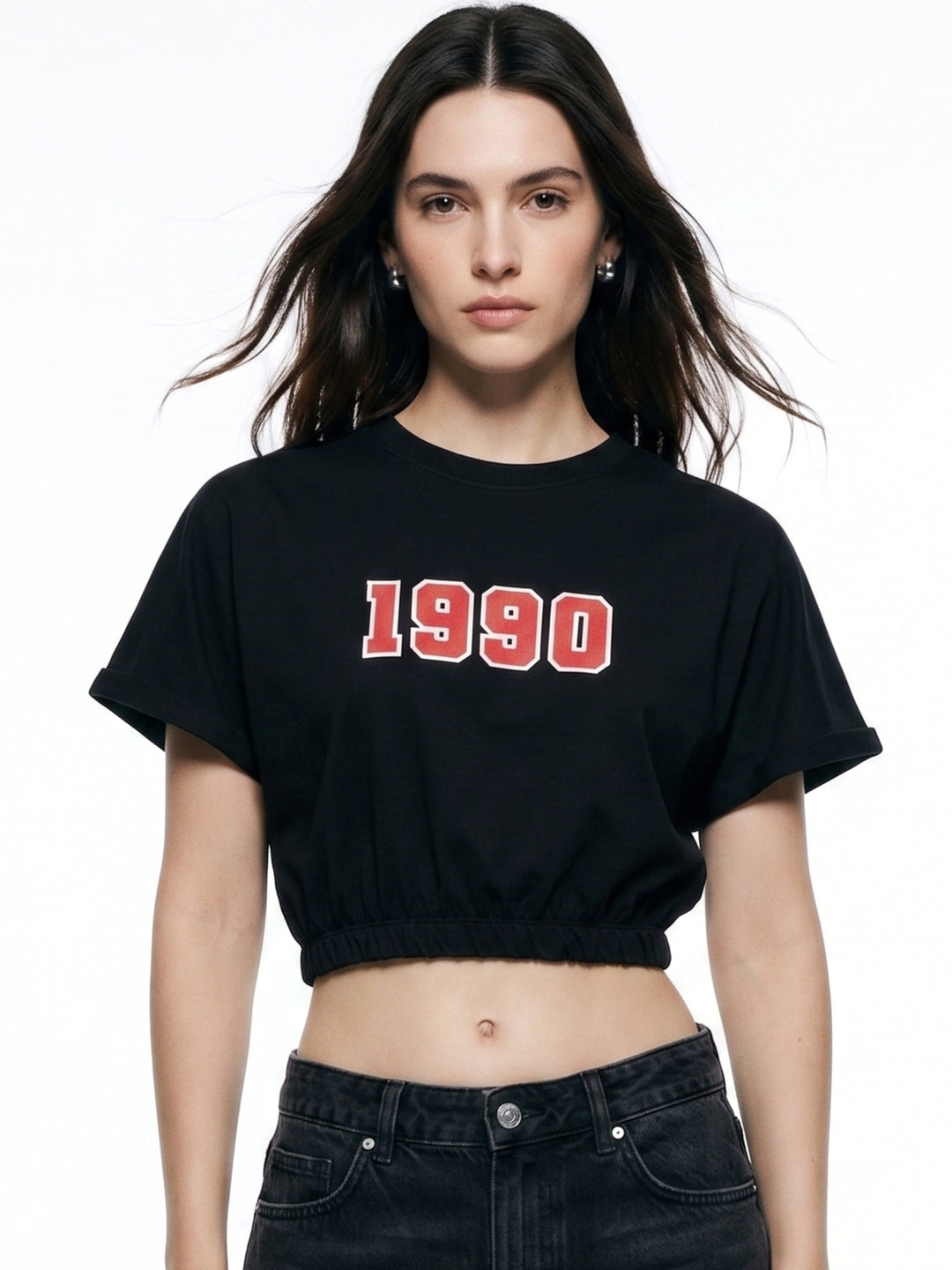 Black Boxy Cropped Elasticated Hem Sweatshirt