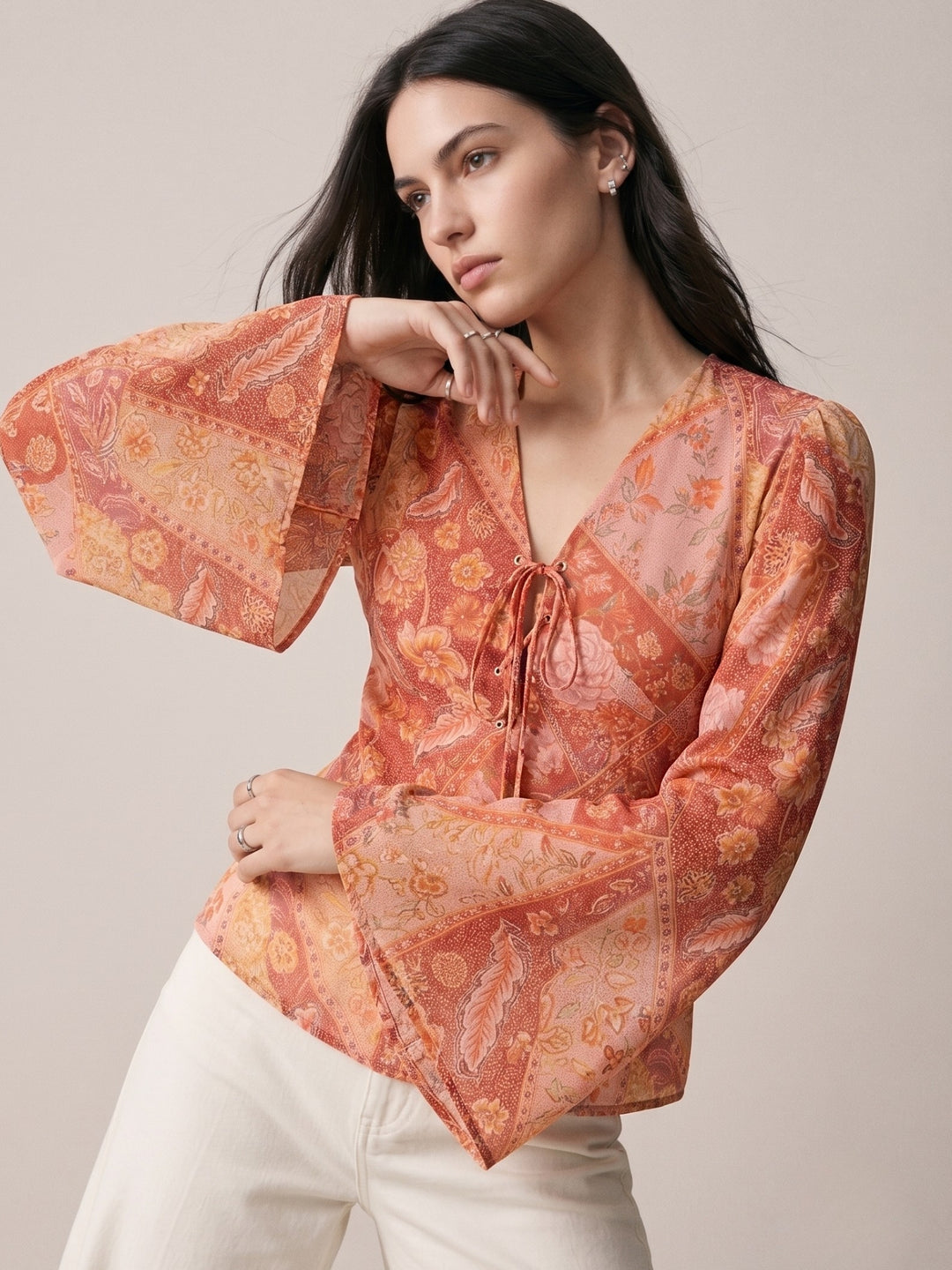 Multi Floral Print Blouse With Eye Let Details At Front