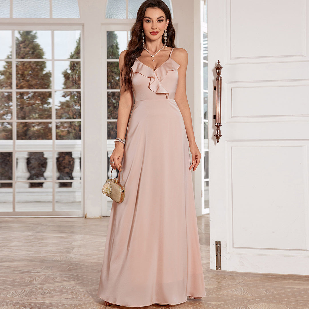 Peach Spaghetti Strap Ruffle Neckline Dress