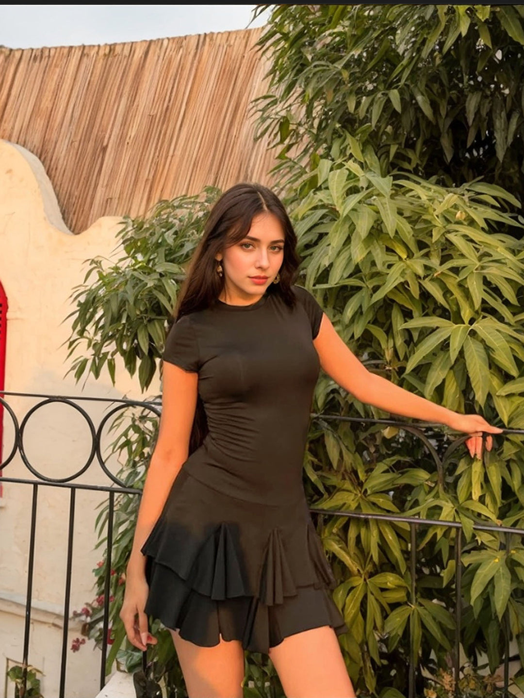 Black Short Sleeve Fringes Attached Dress