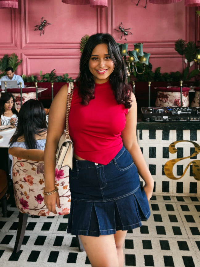 Red High Neck Side Ruched Top