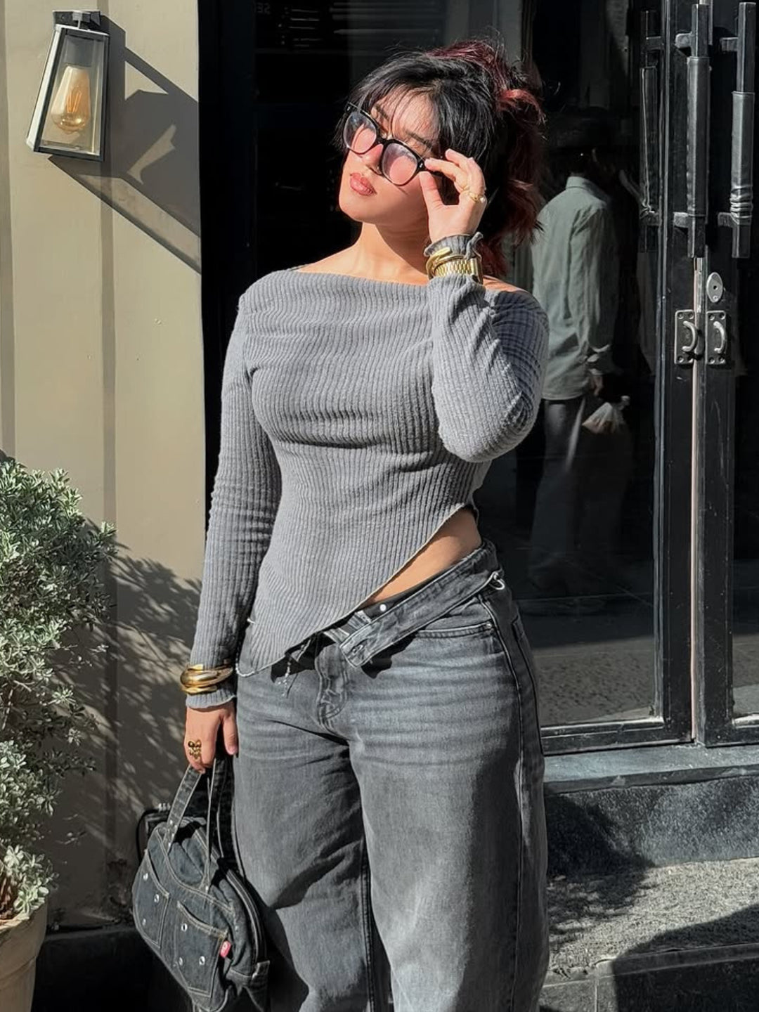 Solid Grey One Shoulder Ribbed Top