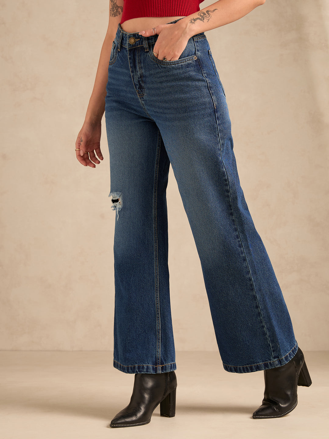 Blue Ribbed Straight Fit Jeans