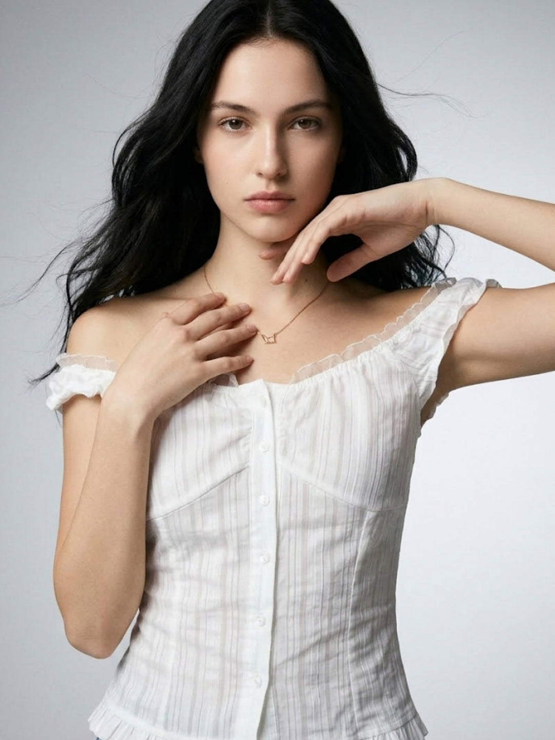 White Off Shoulder Ruffle Hem Shirt