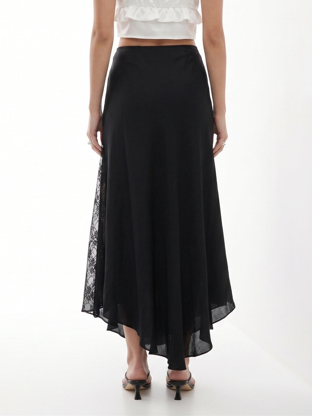 Black Lace Detail Flared Skirt