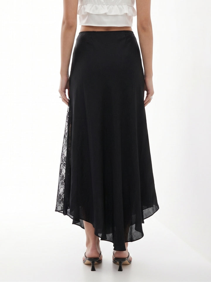 Black Lace Detail Flared Skirt