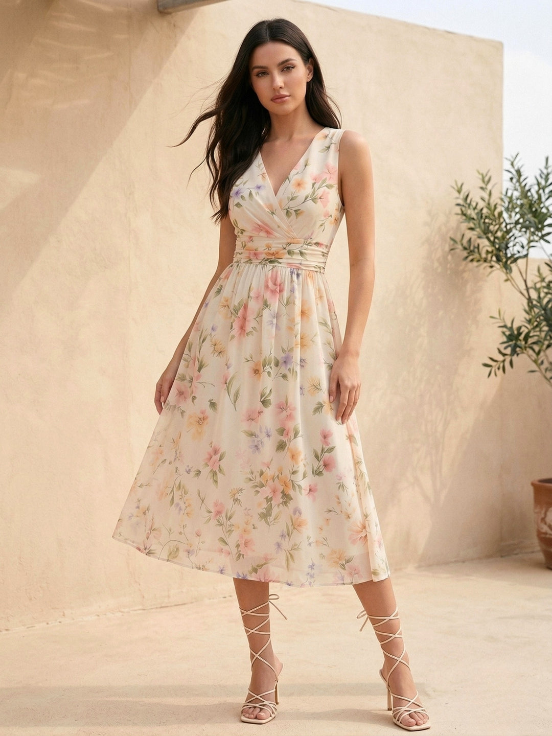 Off White Sleeveless Printed Dress