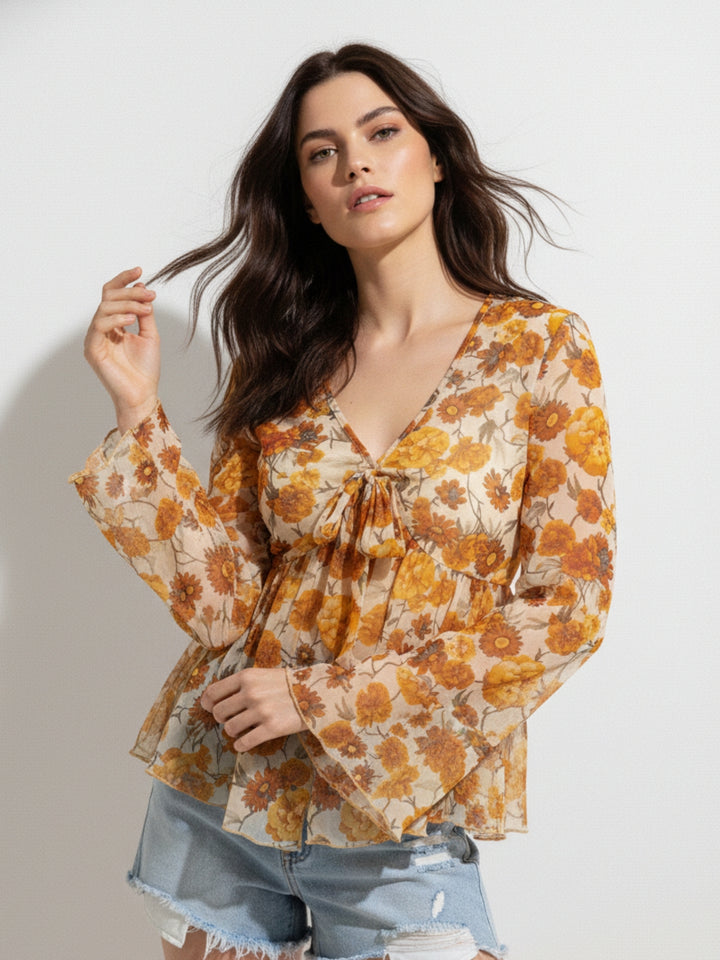 Yellow Bell Sleeve Front Tie-Up Printed Top