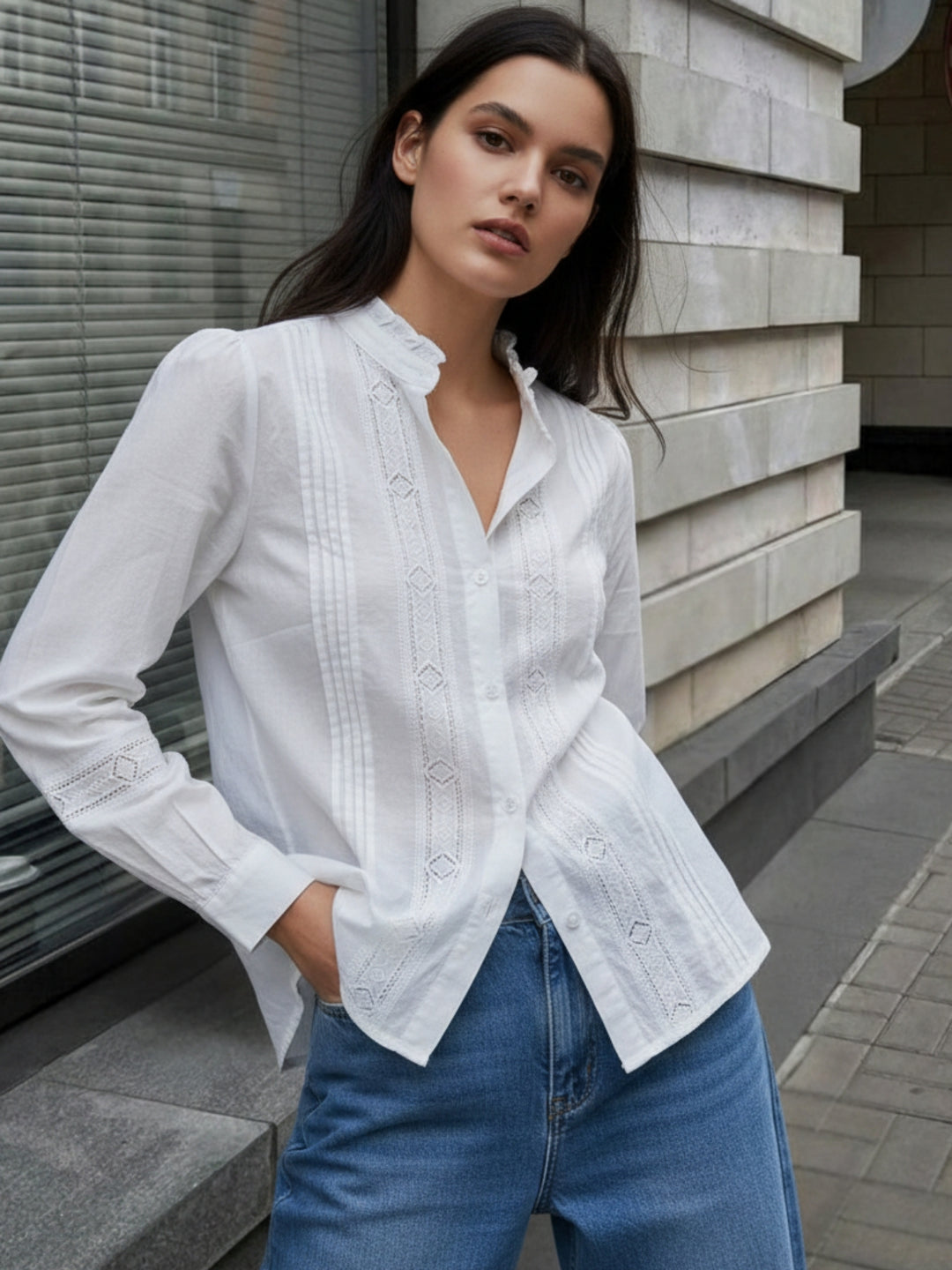 White Full Sleeves Ruffle Neckline Textured Shirt