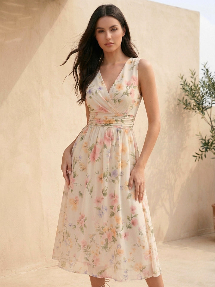 Off White Sleeveless Printed Dress