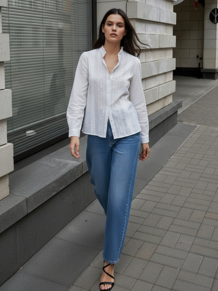White Full Sleeves Ruffle Neckline Textured Shirt